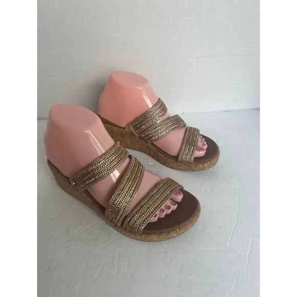 Skechers Beverley Arch Fit Sparkly Gold/Tan Wedge Slip On Strappy Sandals 7 - Picture 2 of 11